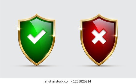 Glass green and red shields with check marks. Vector approved and rejected shields with tick and cross signs