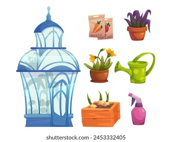 Glass greenhouse garden and flower nursery vector. Isometric green house farm for vegetable seedling in pot. Smart farming and cultivation technology. Plantation equipment design concept cartoon set