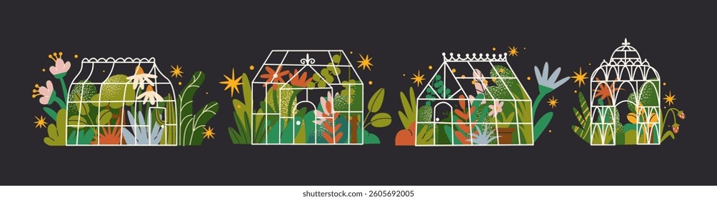 Glass greenhouse orangery in cartoon style. Greenhouse garden for growing plants, flora, botany and organic products. Glass facade of winter garden outdoors. Vector doodle retro illustration
