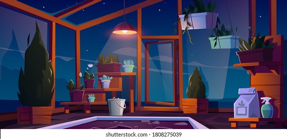 Glass greenhouse with plants, trees and flowers at night. Vector cartoon interior of empty hot house for cultivation and growing garden plants in pots inside. Botanical nursery for greenery