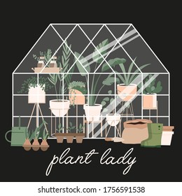 Glass greenhouse with tropical plants. Botanical home garden. House plants and flowers in pots. Gardening elements. Winter garden. Crazy plant lady hand drawn print for postcard, poster, banner. 