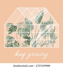 Glass greenhouse with tropical plants. Botanical home garden. House plants and flowers in pots. Gardening elements. Winter garden. Crazy plant lady hand drawn print for postcard, poster, banner. 