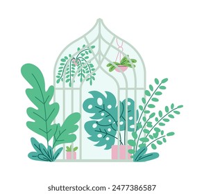 Glass greenhouse with various potted plants isolated on white background. Orangery with greenery inside and outside. Plants hanging on ropes in pots. Organic nature concept. Vector illustration.