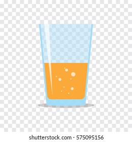 Glass Half Filled Of Fresh Sparkling Orange Juice. Flat Icon Isolated On Checkered Background. Yellow Liquid In Transparent Container. Stylized Vector Eps10 Illustration With Transparency.