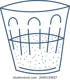 A glass half-filled with liquid in a clean line art style. The illustration features dotted details and curved lines. Cartoon vector illustration.