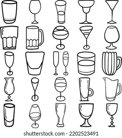 Glass Hand Drawn Doodle Line Art Outline Set Containing Glass, Beverage, Drink, Flute glass, Red Wine, White Wine, Lowball, Highball, Cocktail, Martini, Margarita