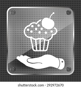 Glass hand presenting black cake icon with cherry on a metallic background