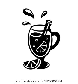 Vidrio con mango, canela, gotas, trozo de naranja. Dibujo a mano de Doodle de la bebida, vino mulado, cóctel. Esbozo de caricatura. Afiche gráfico, impreso. Vector plano aislado, fondo blanco