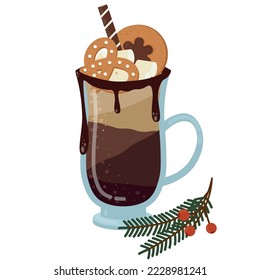 Glass with handle with coffee drink and Christmas pretzel and chocolate chip cookies.