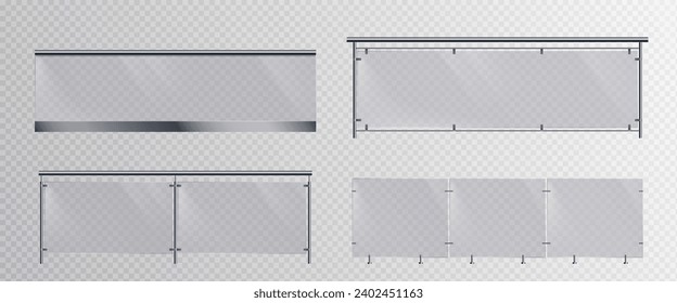 Glass handrails set isolated on transparent background. Vector realistic illustration of 3D plastic barrier, stairs balustrade for balcony, home or office interior, plexiglass fence on metal poles