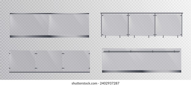 Glass handrails set isolated on transparent background. Vector realistic illustration of 3D plastic barrier, stairs balustrade for balcony, home or office interior, plexiglass fence on metal poles