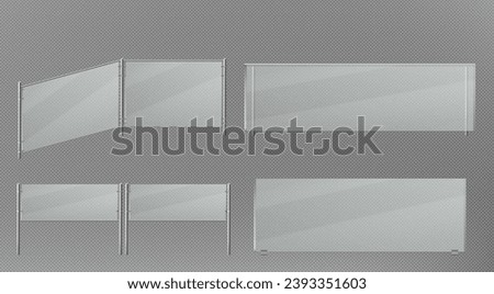 Glass handrails set isolated on transparent background. Vector realistic illustration of 3D plastic barrier, stairs balustrade for home or office interior design, plexiglass fence on metal poles