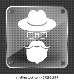 glass hat with mustache, beard and glasses isolated on a metallic background
