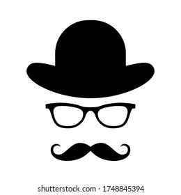 Glass, hat, mustache. Happy Father’s Day labels. Flat style vector logo and emblems for barbershop, greeting card, men's club, t-shirt design.