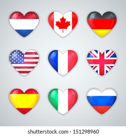 Glass Heart Flags of Countries Icon Set.  Vector Illustration.