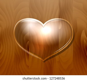 Glass heart on wooden  wall. Vector
