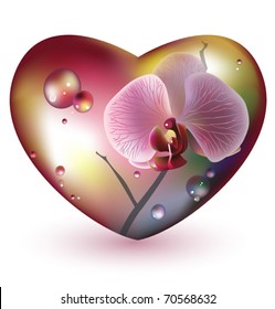 Glass heart with orchid flower. Vector. EPS 10