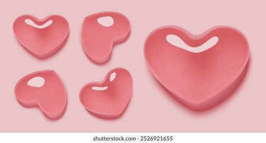 Glass hearts 3d realistic shapes set. Pink love bubbles with shadow. Valentine's Day vector design elements.