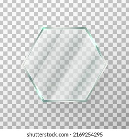 Glass Hexagon Frame. Mirror Panel. Gloss Screen Effect. Digital Window Texture. Plastic Plate Mockup. Clear Button. Glossy Tag And Badge. Shiny Framework. Light Rectangle Banner. Vector Illustration.