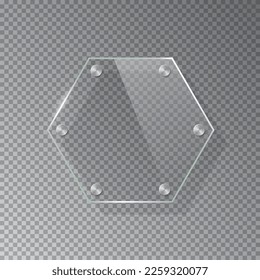 Glass hexagon shape plate isolated on transparent background. Vector realistic acrylic frame with steel rivets.