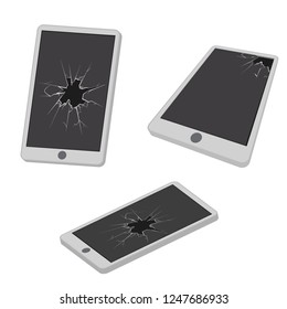 Glass hole cracks broken mobile phone garbage electronic realistic isometric design icon vector illustration