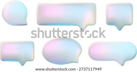 Glass holographic empty speech bubble 3D icons vector set. Realistic roundish text bubble volume form pearl shine. Social media chat message. Iridescent dialogue cloud. Talking window, chatting box