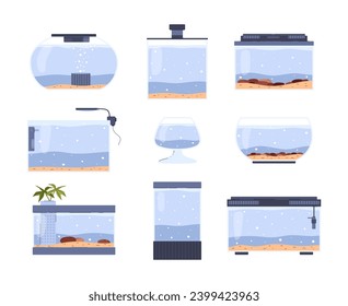 Glass home aquarium collection and accessories. Different forms fish tanks set. Stones on sand, and pure water. Cartoon vector illustration isolated on white background