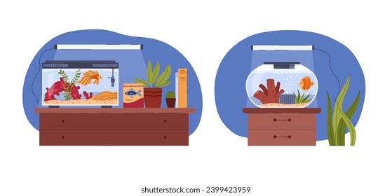 Glass home aquarium and fishbowl with goldfish, corals and accessories. Green algae, seaweed and little stones on sand. Cartoon aquarium marine, aquatic pet. Vector illustrations set isolated on white