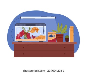 Glass home aquarium with goldfish, corals and accessories. Green algae, seaweed and little stones on sand. Cartoon fishtank on the chest of drawers with light. Vector illustration isolated