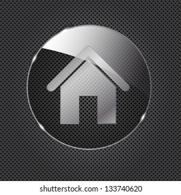 Glass home button icon on metal background. Vector illustration