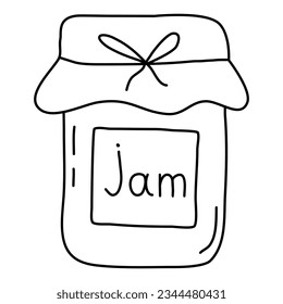 Glass of homemade jam, lid covered with cloth and rope tide, vector outline for coloring book
