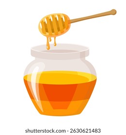 Glass honey jar with honey dipper - vector isolated on white.