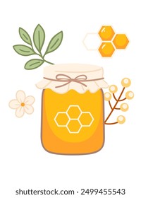 Glass honey jar with flowers and green leaves. Sweet taste honey in small container with lid and honeycomb logo. Pot with label. Vector illustration isolated on white background.