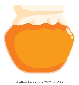 Glass honey jar with lid, containing golden liquid honey, isolated on white background