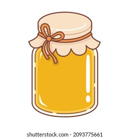 Glass honey jar with paper lid. Cartoon style. Vector illustration.