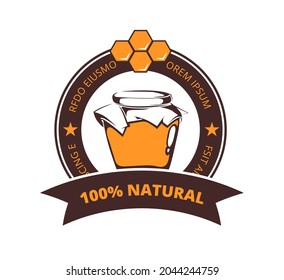 Glass honey jar. Retro honeycomb badge design. Beekeeper, autumn agriculture and hew harvest. Isolated vintage vector sticker