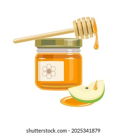 Glass honey jar with wooden honey dipper and apple slice. The concept of the Jewish New Year Rosh Hashanah. Vector illustration