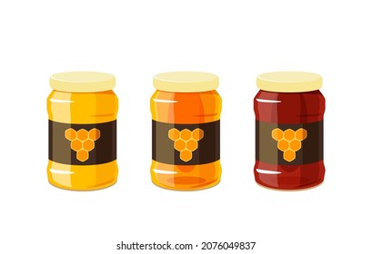 Glass honey jars, dark to light. Vector illustration cartoon flat icon isolated on white background.