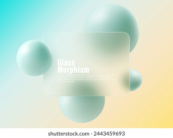 Glass horizontal banner with glass overlay effect with mint colored 3D balloons in glass morphism style.