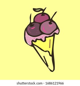 glass of horn with fruit berry ice cream. delicious dessert. vector illustration,  isolated yellow background.