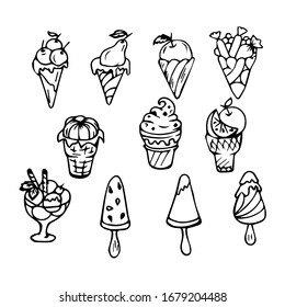 glass of horn with ice cream. outline drawing . delicious dessert. vector illustration, isolated white background.