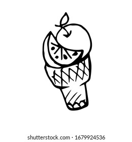 glass of horn with ice cream. outline drawing . delicious dessert. vector illustration, isolated white background.