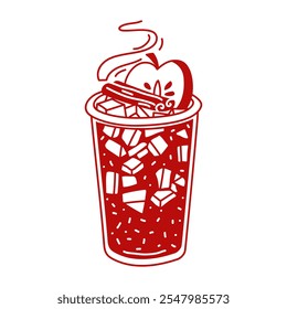 Vaso de ponche de manzana caliente con rodajas de manzana y un palo de canela. Bebida vitamínica transparente de otoño de color rojo en estilo plano. Cóctel sin alcohol sobre fondo blanco. Ilustración en contraste