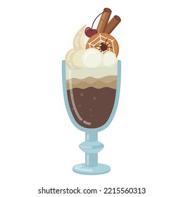 Glass glass with a hot chocolate and coffee drink with whipped cream and Halloween cookies and cinnamon.