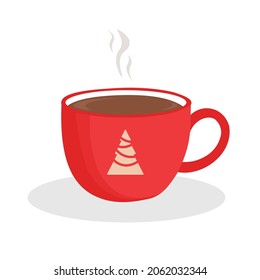 
A glass of hot chocolate, red with a Christmas tree. Christmas cards design element. Isolated illustration.