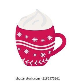  A glass of hot chocolate with whipped cream, chocolate and Christmas cookies, red with a snowflake. Christmas cards design element. Isolated illustration.