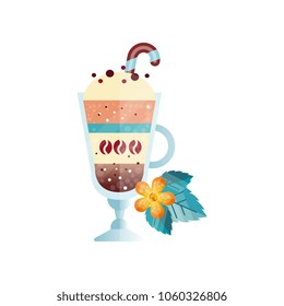 Glass of hot coffee drink with creamy foam. Cup of delicious beverage with sweet candy cane. Orange flower and green leaves. Flat vector