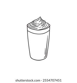 Glass with hot coffee drink with whipped cream isolated on white background. Hand drawn vector sketch illustration in doodle engraved vintage line art style. Cozy winter drink, cocoa, tea