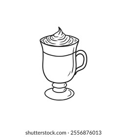 Glass with hot coffee drink with whipped cream isolated on white background. Hand drawn vector sketch illustration in doodle engraved vintage line art style. Cozy winter drink, cocoa, tea