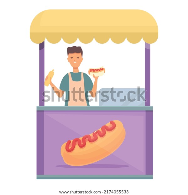 Glass hot dog seller icon cartoon vector. Street\
food. Kiosk cart